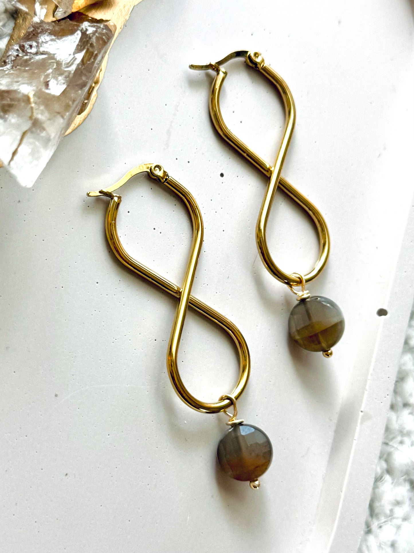 Black Moonstone + Gold Infinity Earrings