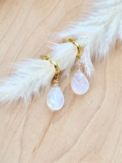 Rainbow Moonstone + Gold Hoop Earrings
