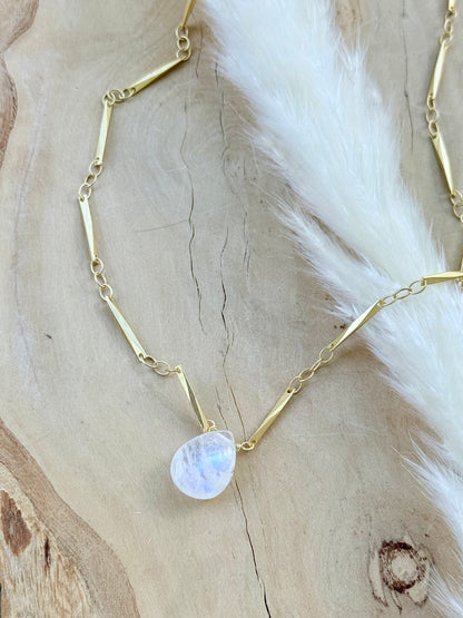 Rainbow Moonstone + Matte Gold Stick Necklace