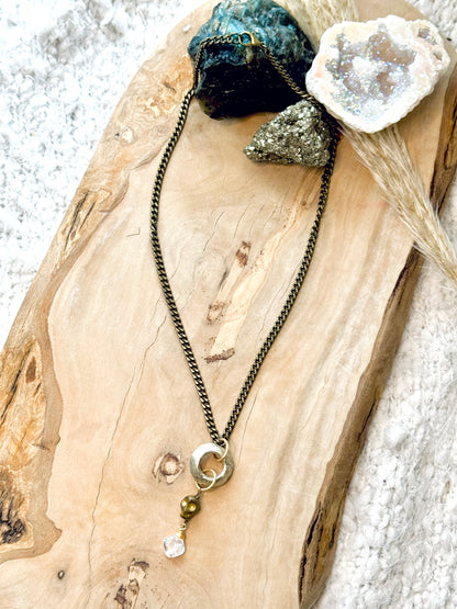 Rainbow Moonstone + Mixed Metals Hematite Skull Necklace