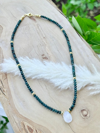 Luxe Grandidierite + Rainbow Moonstone Gold Necklace