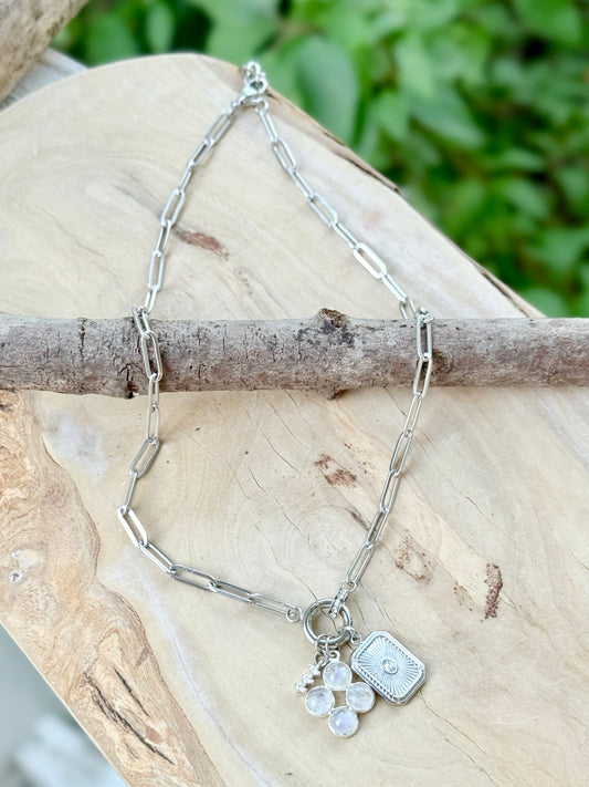 Rainbow Moonstone + Silver Carabiner Charm Necklace