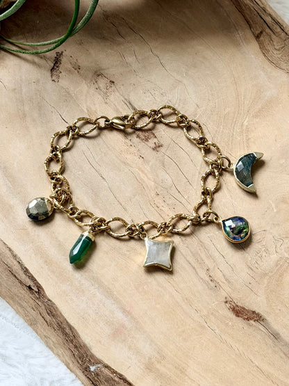 Mixed Cool Gems + Gold Stainless Charm Bracelet