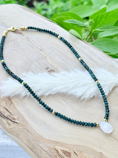 Luxe Grandidierite + Rainbow Moonstone Gold Necklace