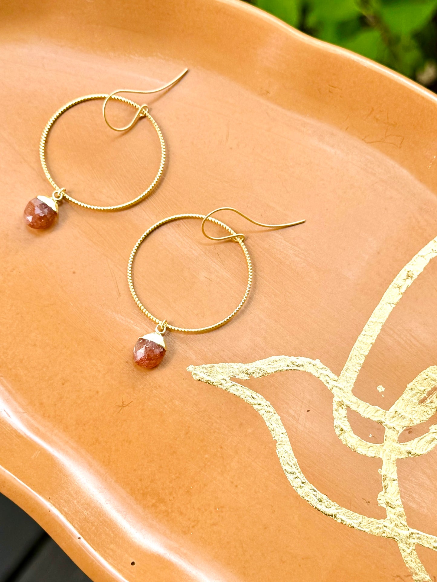 Sunstone + Matte Gold Hoop Earrings