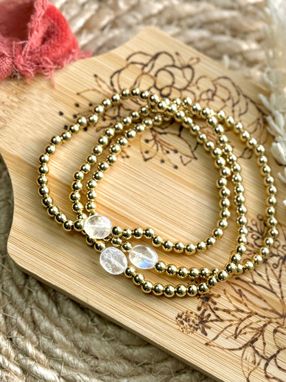 Rainbow Moonstone Ovals + Gold Beaded Bracelet