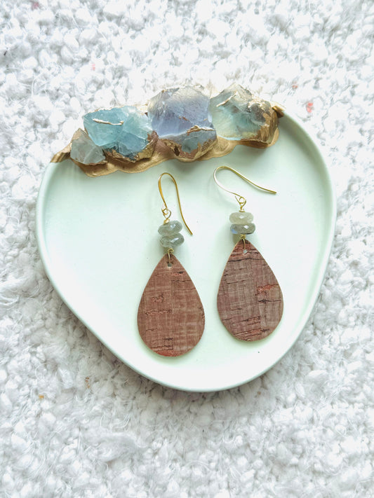 Labradorite + Gold Cork Teardrop Earrings