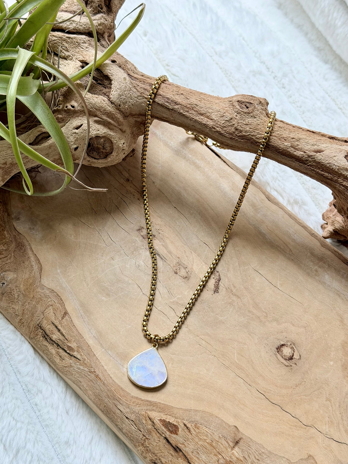 Rainbow Moonstone + Gold Drop Pendant Necklace