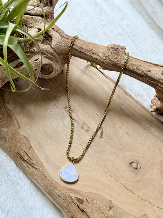 Rainbow Moonstone + Gold Drop Pendant Necklace