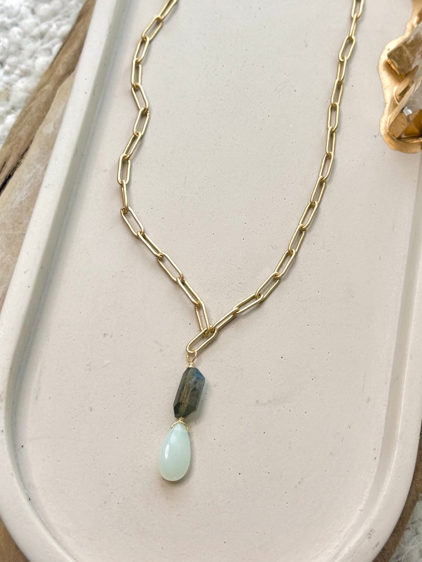 Labradorite + Chalcedony Matte Gold Necklace