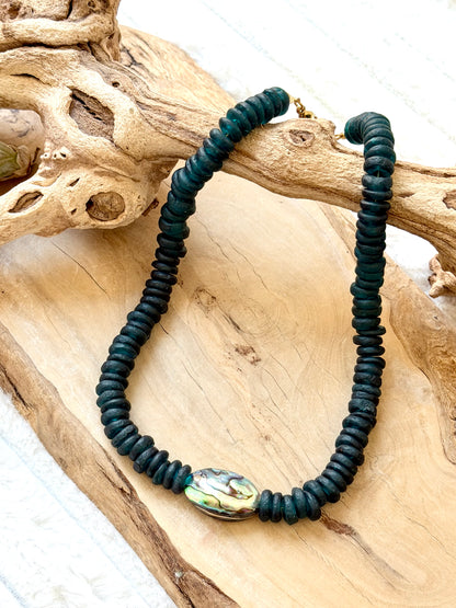 Abalone + Teal African Glass Chunky Necklace