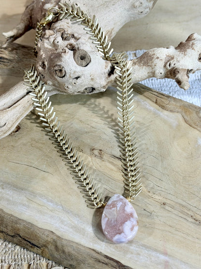 Cherry Blossom Agate + Matte Gold Fishbone Necklace