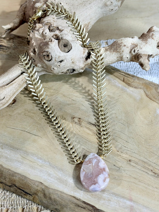 Cherry Blossom Agate + Matte Gold Fishbone Necklace