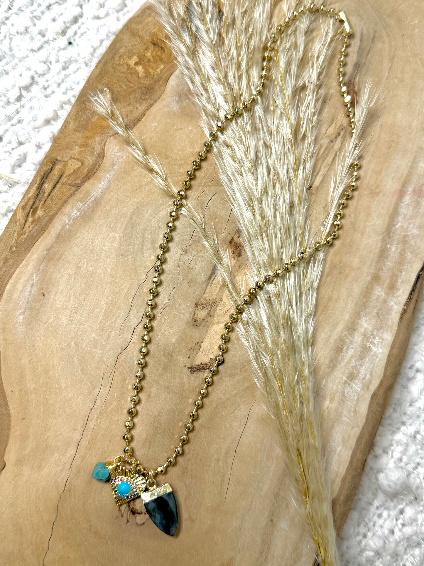 Hypersthene + Turquoise Gold Charm Necklace