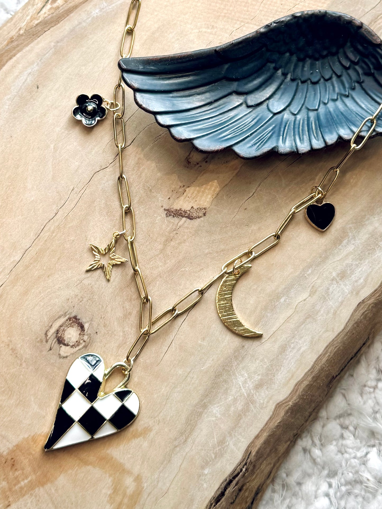 Black + White Gold Heart Charm Necklace