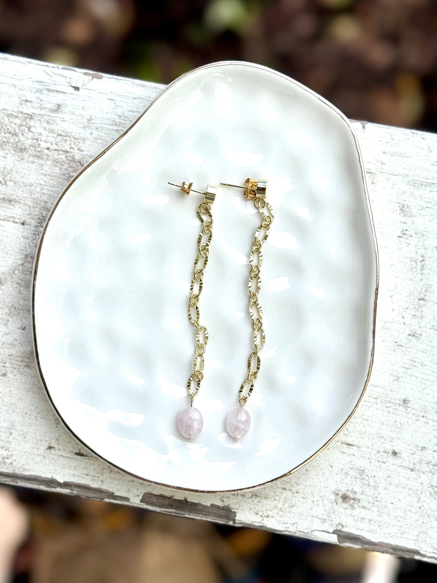 Rose Quartz + Gold, Embossed Paperclip Duster Earrings