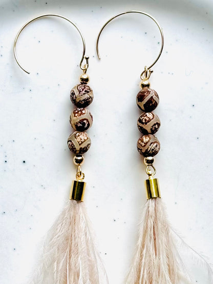 Tibetan Agate + Gold Feather Earrings