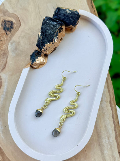 Gray Moonstone + Gold Snake Earrings