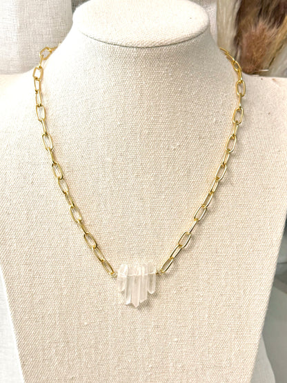 Raw Clear Quartz + Matte Gold Necklace