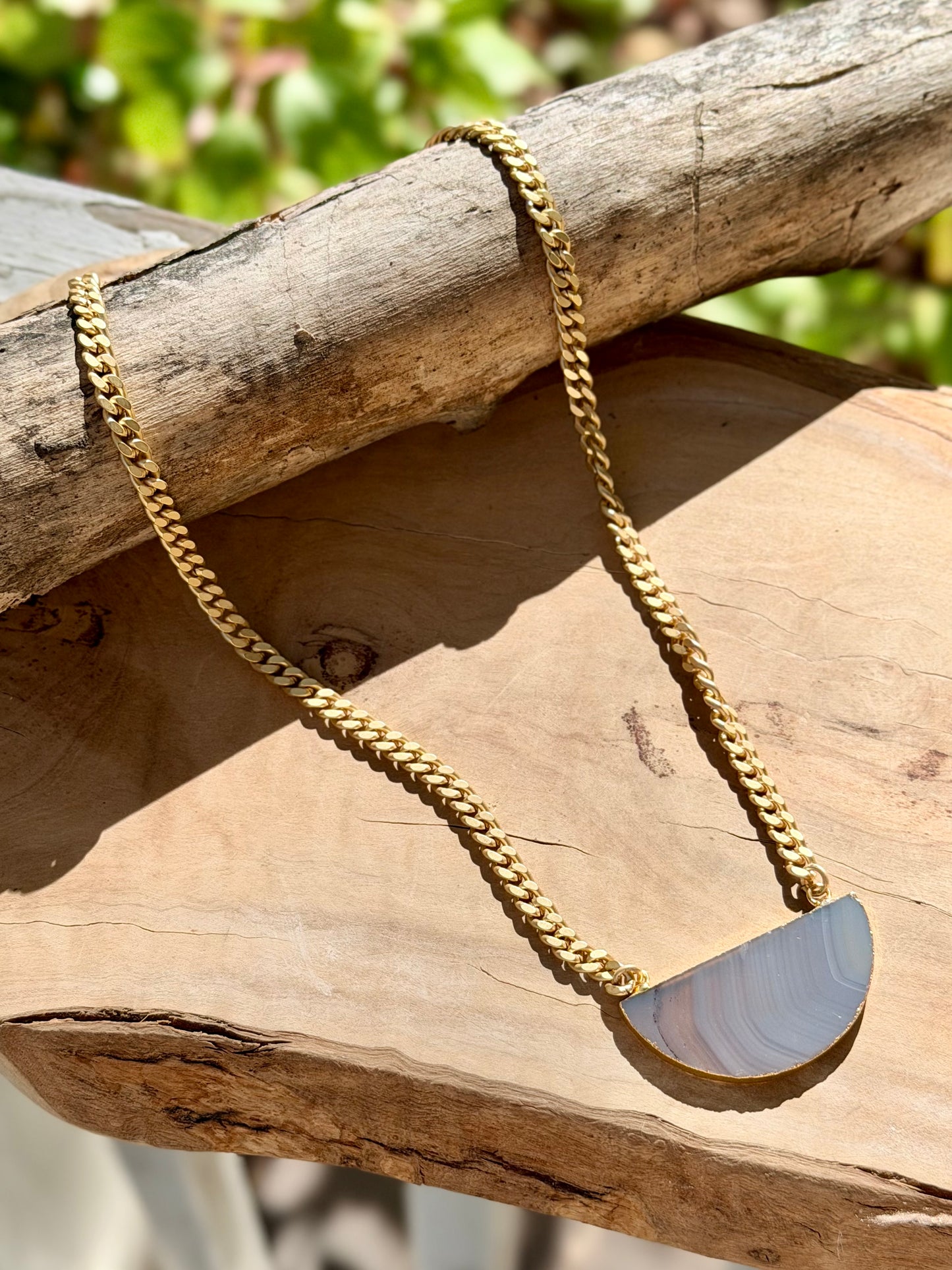 Agate Slice + Matte Gold Half Moon Necklace