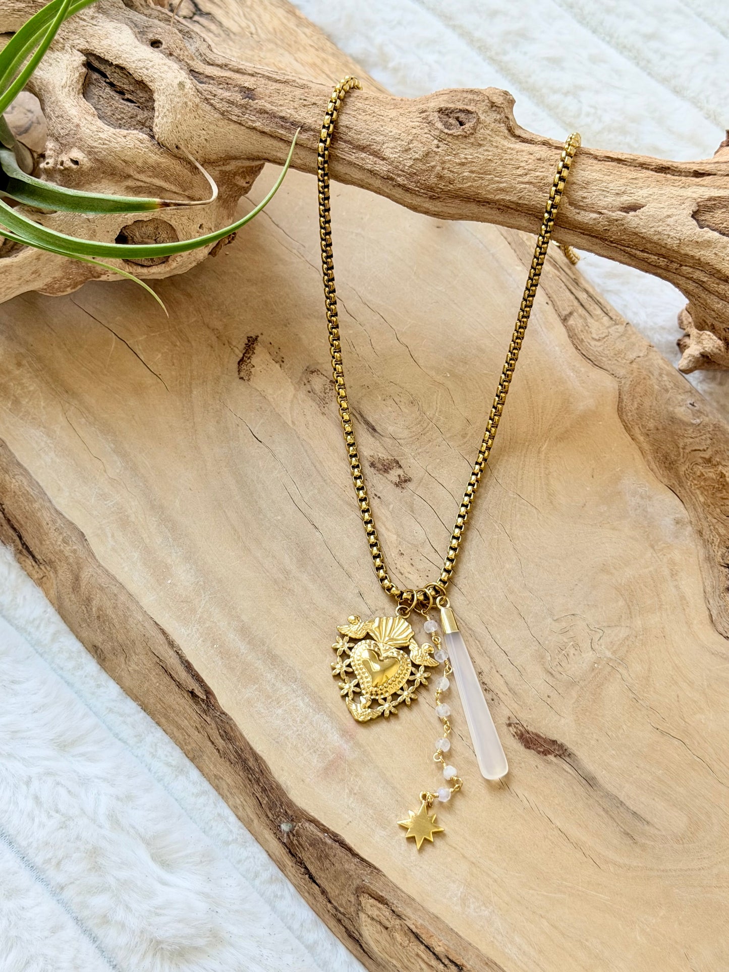 Moonstone + Chalcedony Gold Stainless Steel Necklace