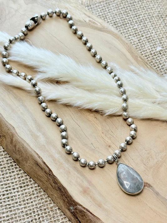 Labradorite + Antique Silver Ball Chain Necklace