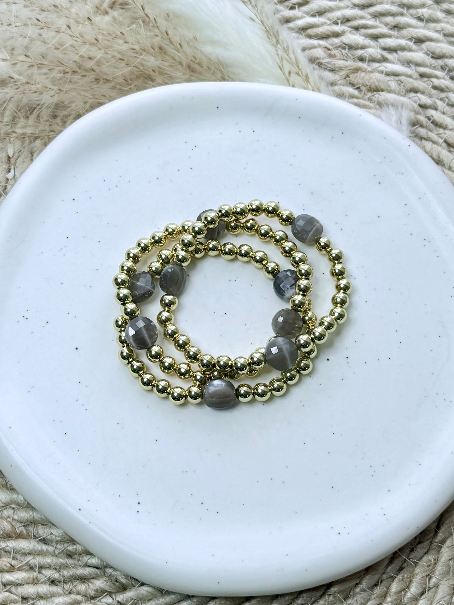 Black Moonstone Trio + Gold Beaded Bracelet