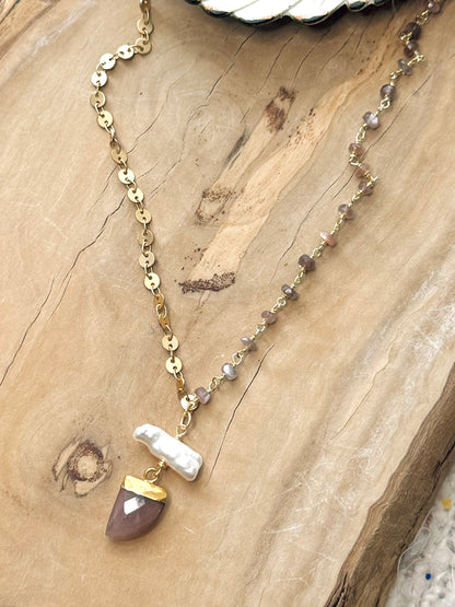 Chocolate Moonstone  + Freshwater Pearl Matte Gold  Necklace