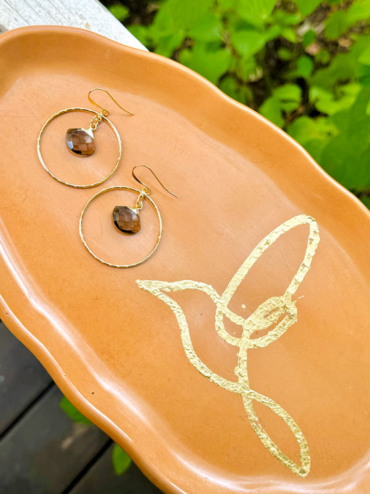 Smokey Quartz + Gold Circle Earrings