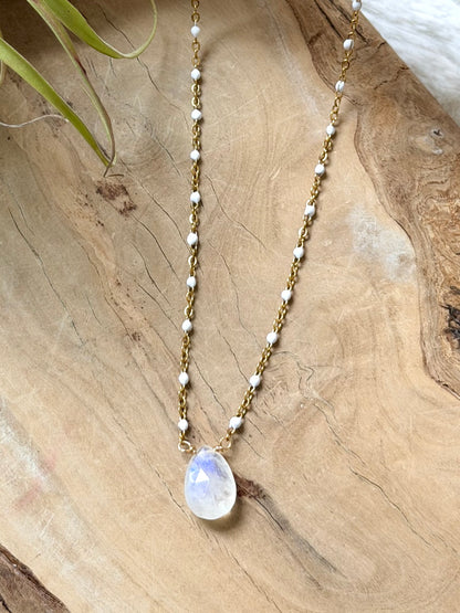Rainbow Moonstone + Gold Stainless Necklace