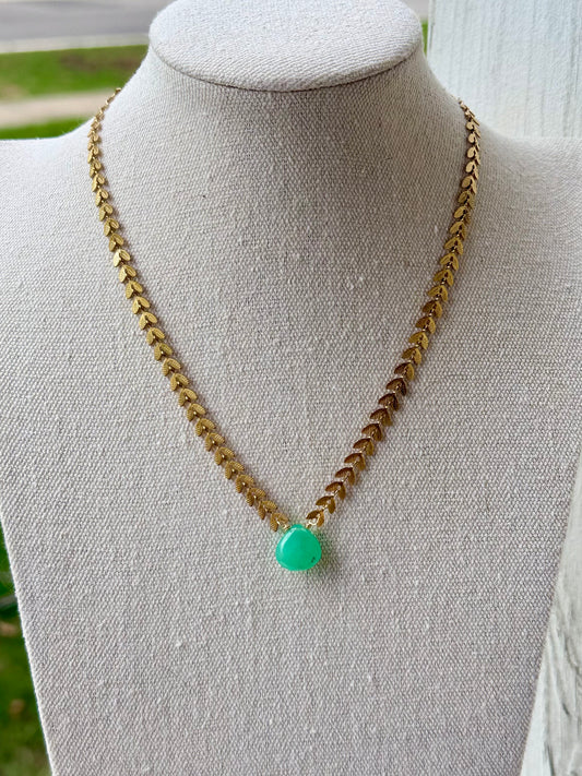 Chrysoprase Drop + Gold Leaf Necklace