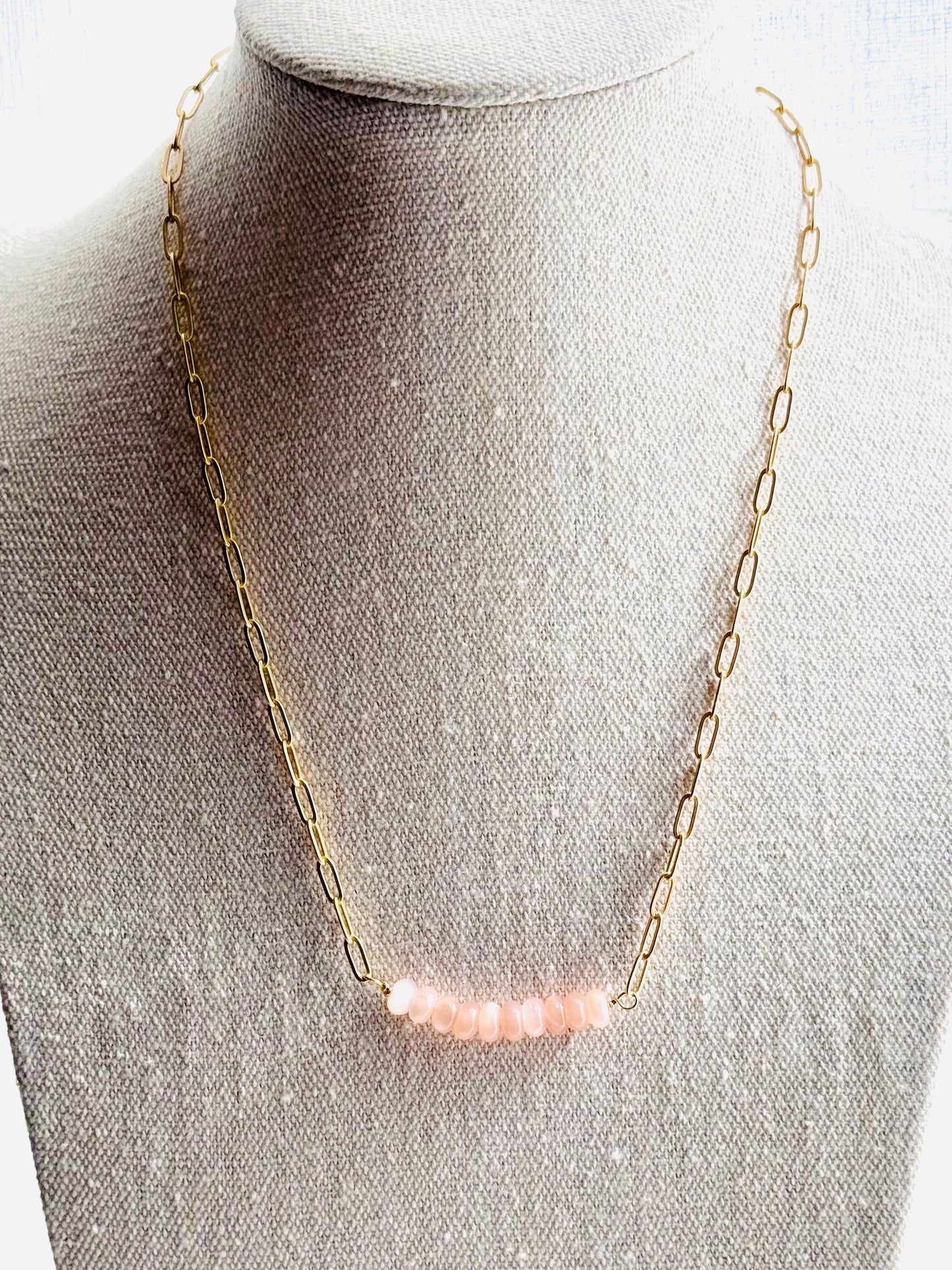 Peach Moonstone + Matte Gold Chain Bar Necklace