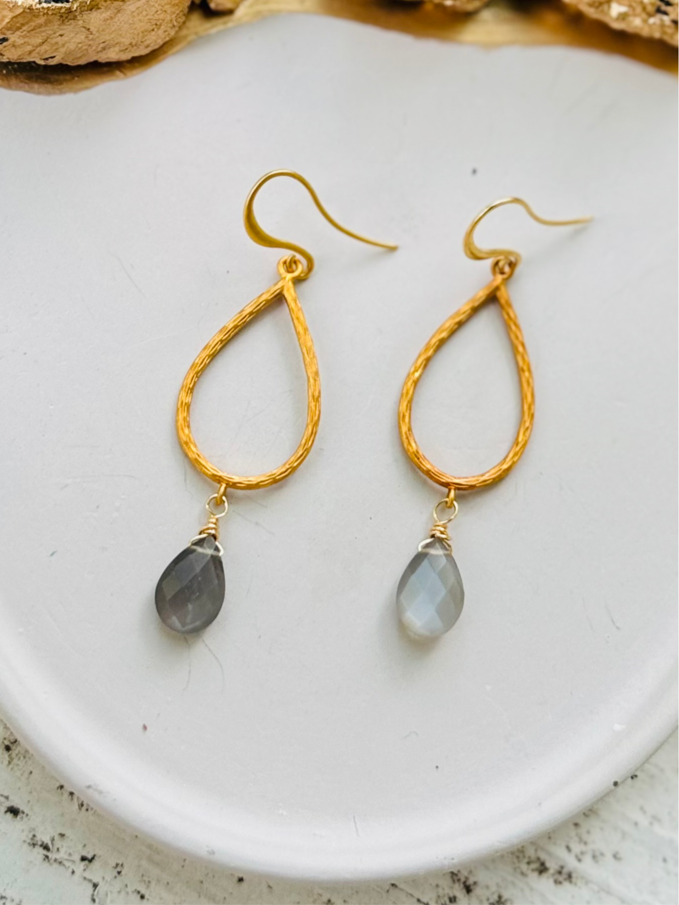 Gray Moonstone + Copper and Gold Teardrop Earrings