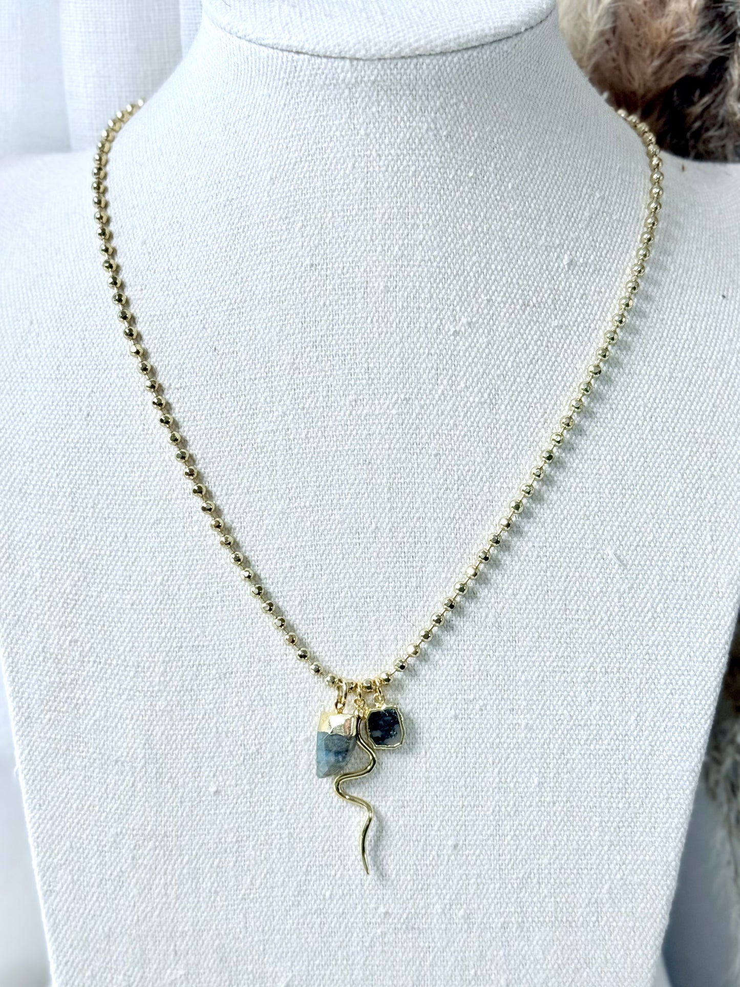 Labradorite + Moss Agate Gold Snake Necklace