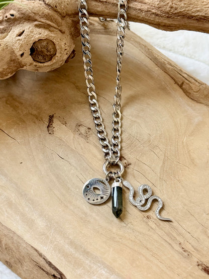 Labradorite + Silver Stainless Carabiner Charm Necklace
