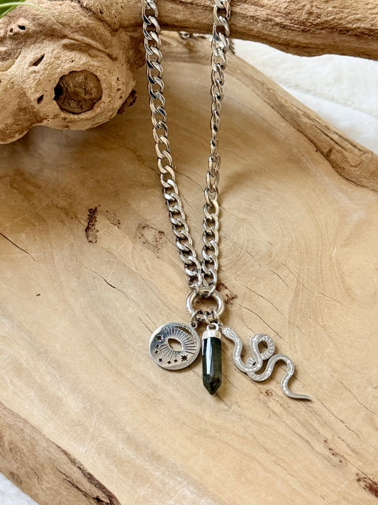 Labradorite + Silver Stainless Carabiner Charm Necklace