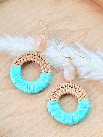 Peach Botswana Agate + Gold Rattan Earrings