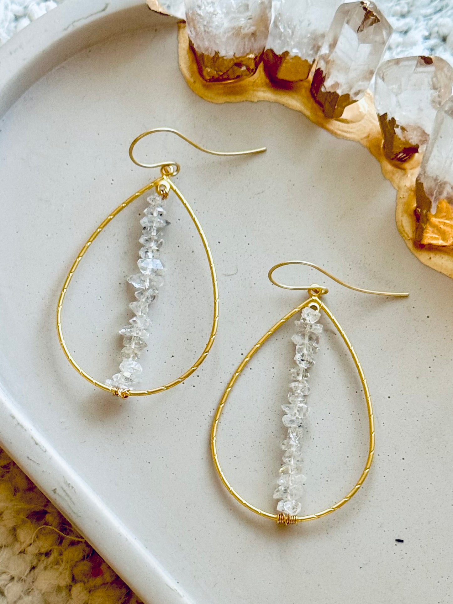 Herkimer Diamond + Matte Gold Teardrop Earrings