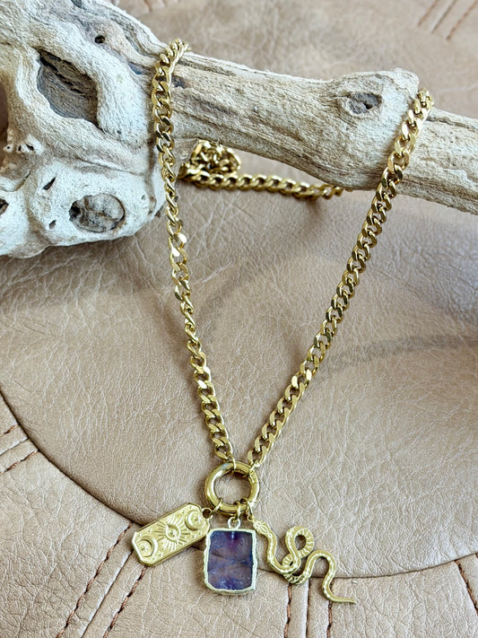 Amethyst + Gold Stainless Steel Carabiner Necklace