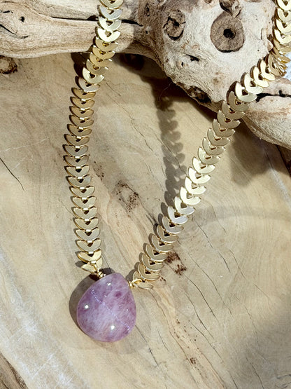Madagascar Rose Quartz + Matte Gold Necklace