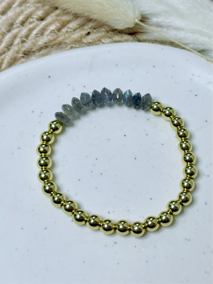 Blue Flash Faceted Labradorite + Gold Beaded Bracelet