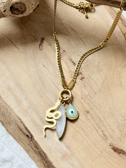 Moonstone + Gold Protection Carabiner Herringbone Necklace