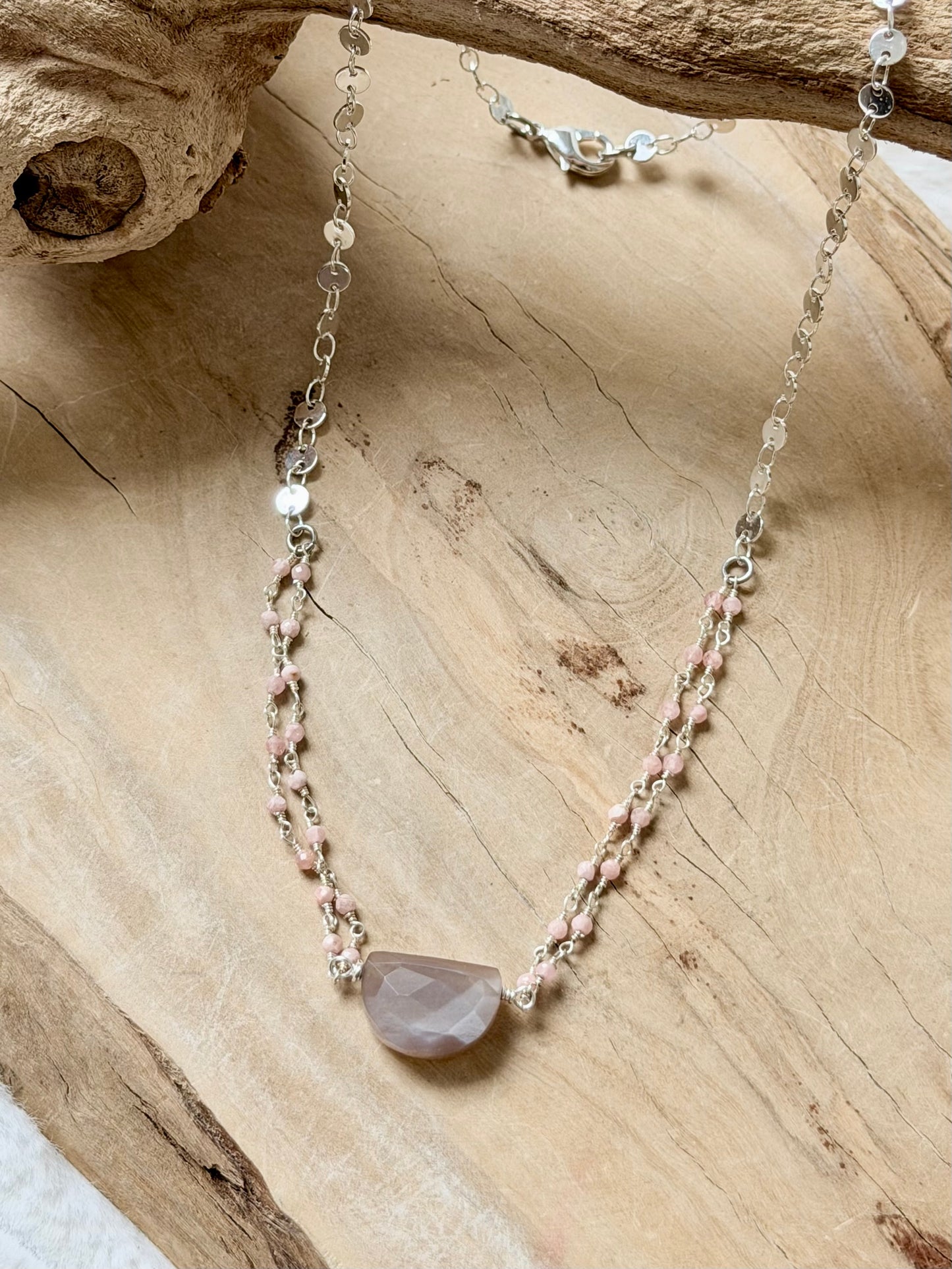 Chocolate Moonstone + Pink Opal Silver Necklace