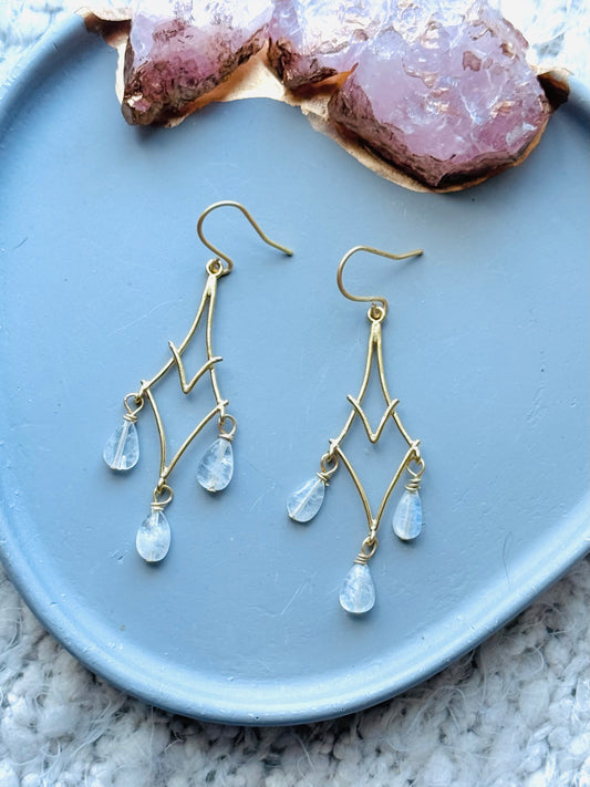 Rainbow Moonstone + Matte Gold Chandelier Earrings