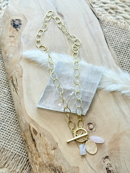 Rose Quartz + Moonstone Gold Charm Toggle Necklace