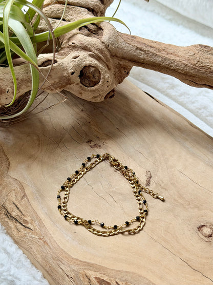 Black Onyx + Gold Stainless Steel Skinny Duet Bracelet
