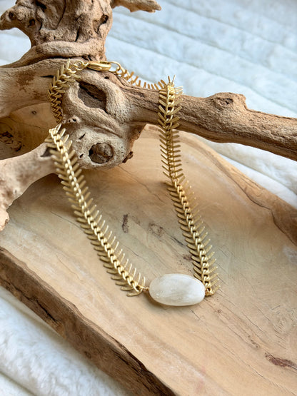 Moonstone + Matte Gold Fishbone Chain Necklace