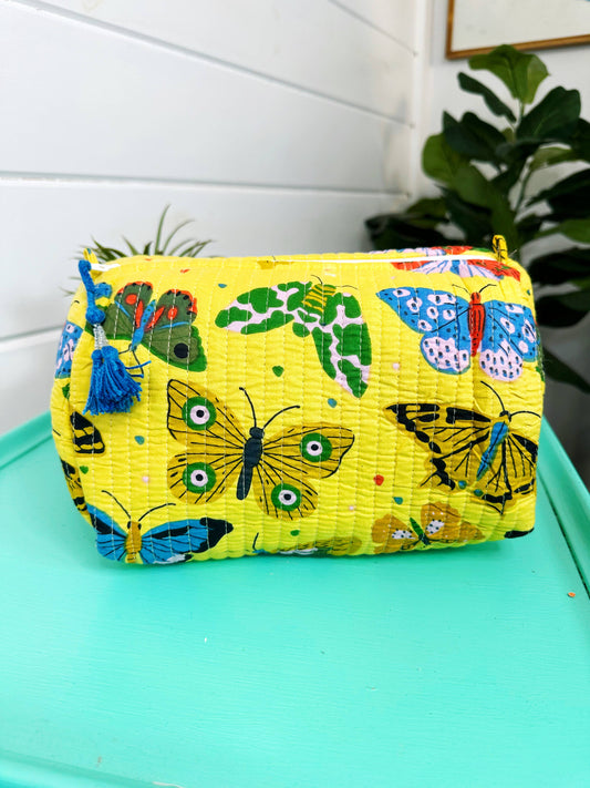 Yellow Butterfly Quilted Cosmetics Bag