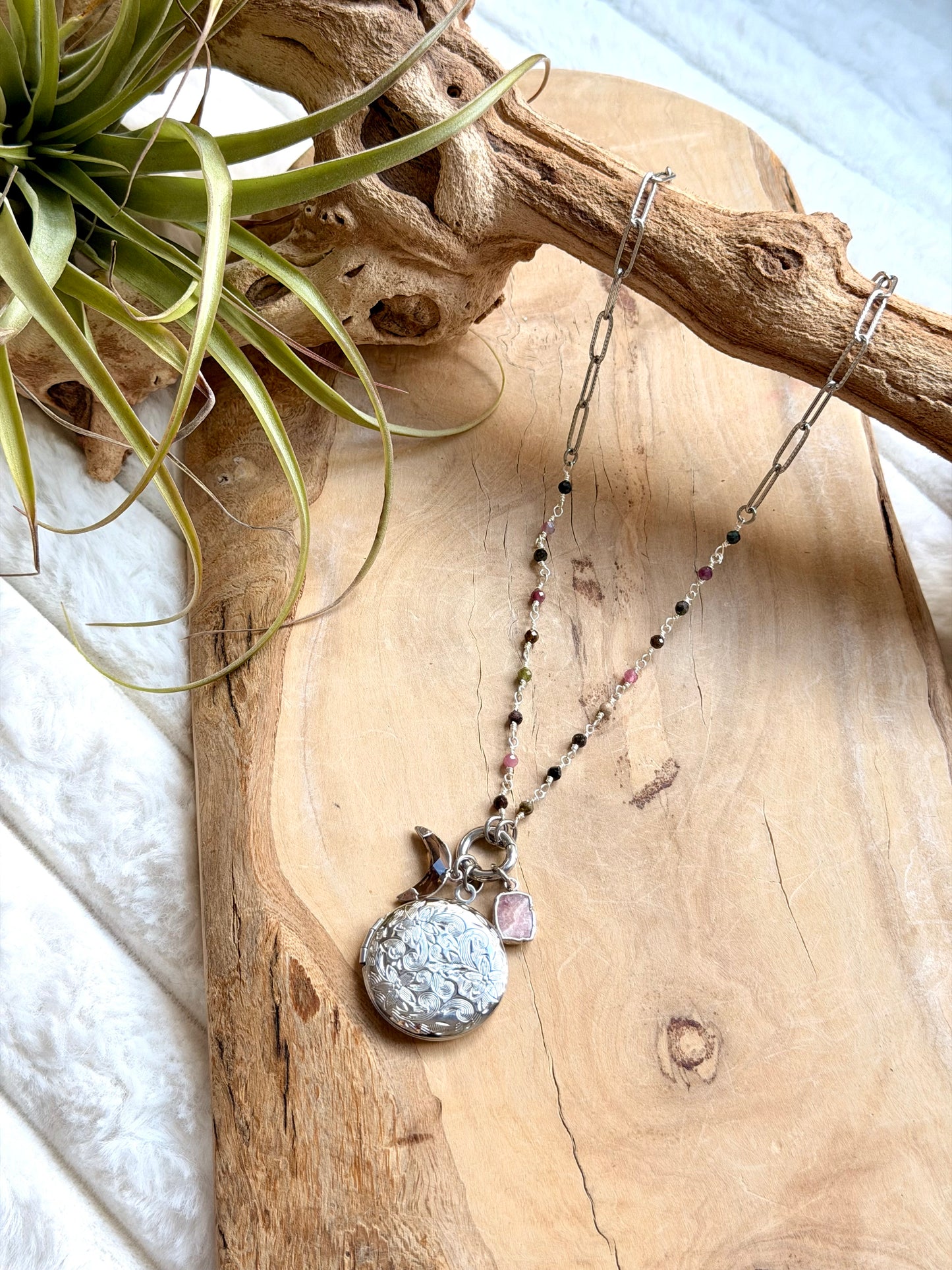 Tourmaline + Smoky Quartz Stainless Steel Locket, Carabiner Charm Necklace