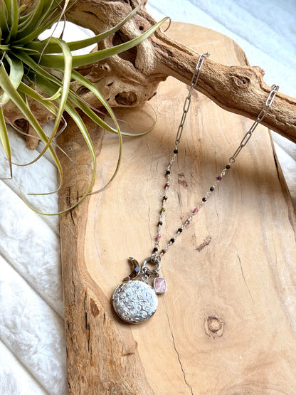 Tourmaline + Smoky Quartz Stainless Steel Locket, Carabiner Charm Necklace